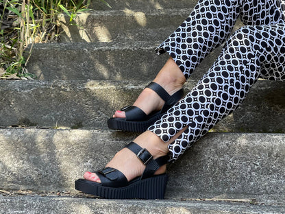 Spanish women's sandals made from quality leathers. Comfortable wedge summer sandals in off black.