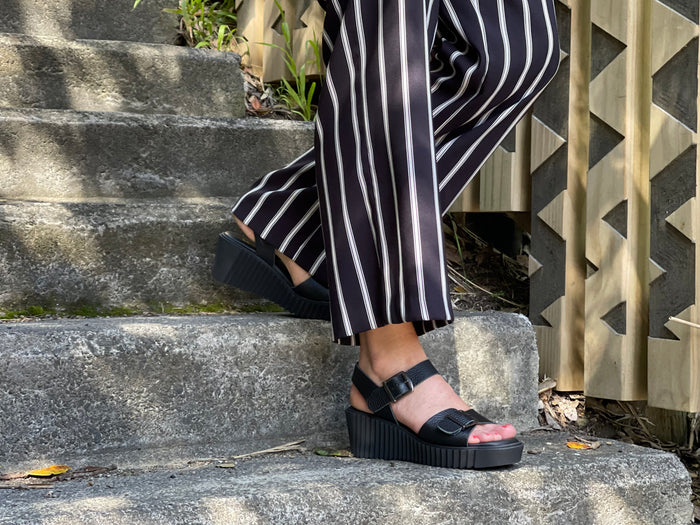 Spanish women's sandals made from quality leathers. Comfortable wedge summer sandals in off black.