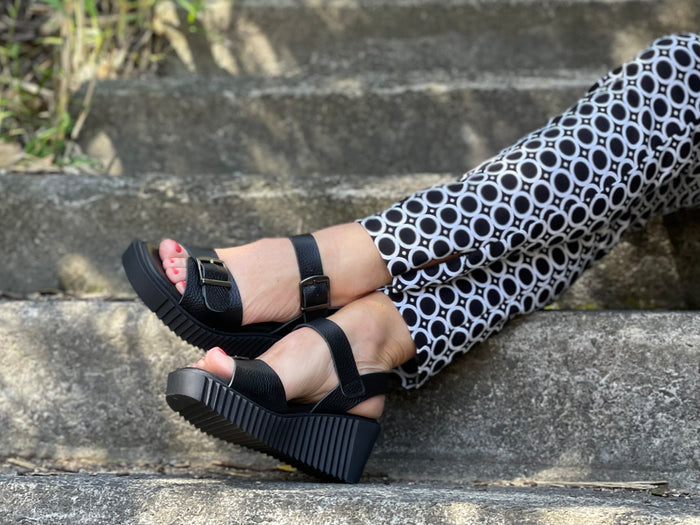 Spanish women's sandals made from quality leathers. Comfortable wedge summer sandals in off black.