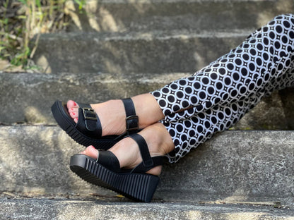 Spanish women's sandals made from quality leathers. Comfortable wedge summer sandals in off black.