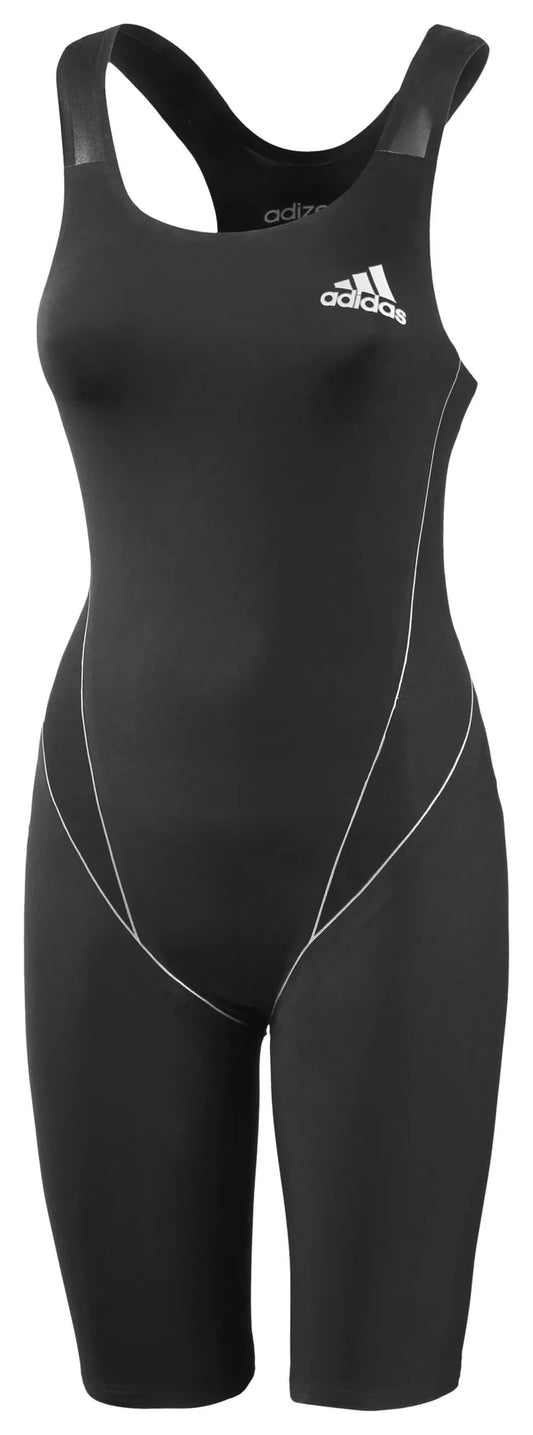 Black Adidas women's Adizero GLD20 kneesuit worn by an athlete, showcasing its sleek design and performance fabric.