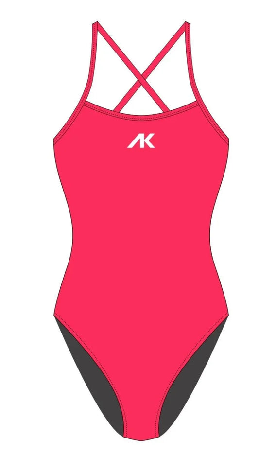 Womens AK Tieback Swimsuit in neon cherry color, featuring a stylish tieback design and supportive fit, suitable for beach or pool.