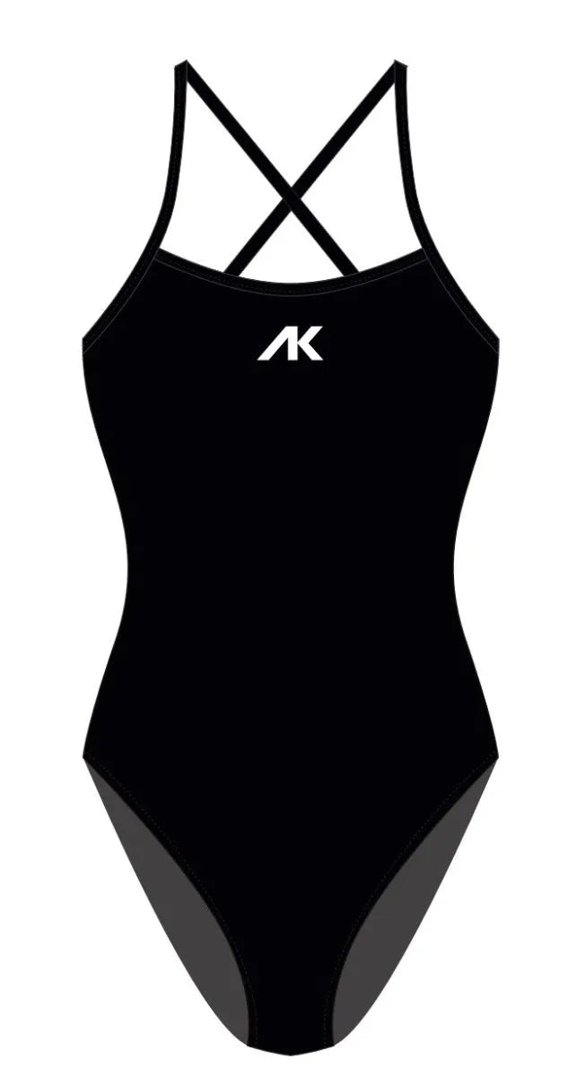 Women's black AK Tieback Swimsuit showing the back design and fitted style in a sleek, modern swimwear look.