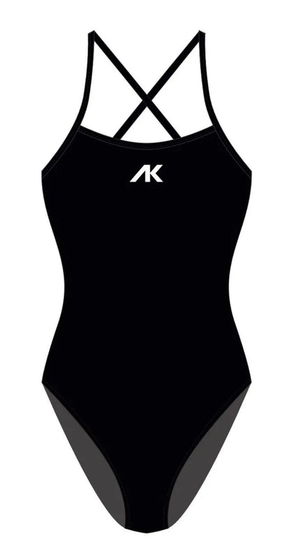 Women's black AK Tieback Swimsuit showing the back design and fitted style in a sleek, modern swimwear look.