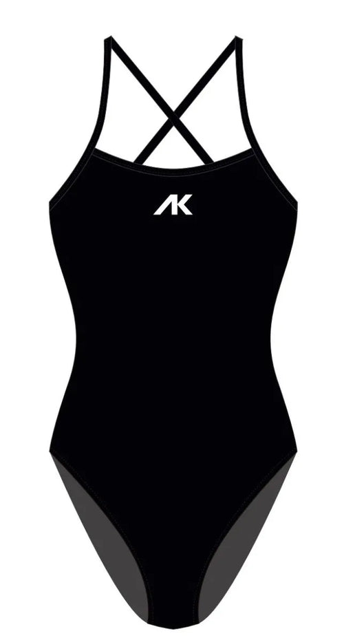 Women's black AK Tieback Swimsuit showing the back design and fitted style in a sleek, modern swimwear look.