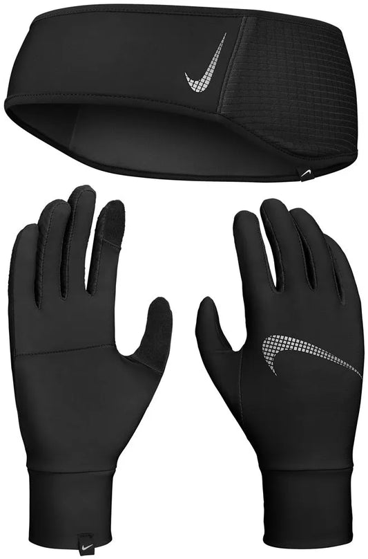Nike women's black running headband and glove set, lightweight and breathable for athletic activities, shown on a plain background.
