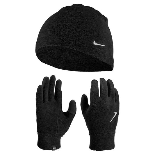 Nike women's fleece hat and glove set in black, soft and cozy for cold weather, includes matching hat and gloves.