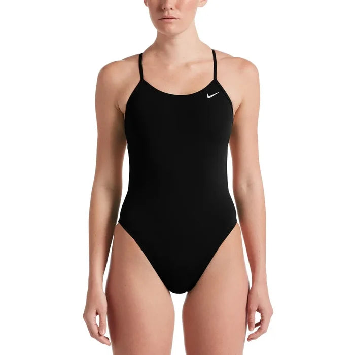 Nike women's Hydrastrong black cut-out one-piece swimsuit with solid design, featuring sleek and sporty swimwear style.