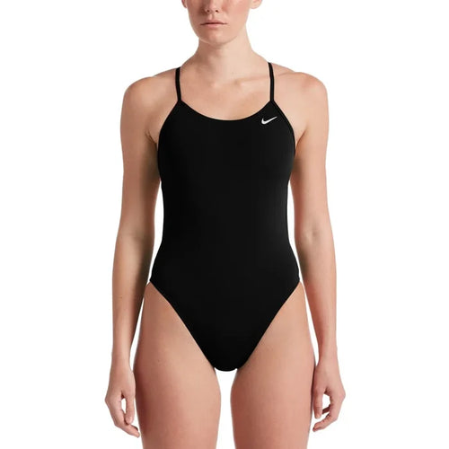 Nike women's Hydrastrong black cut-out one-piece swimsuit with solid design, featuring sleek and sporty swimwear style.