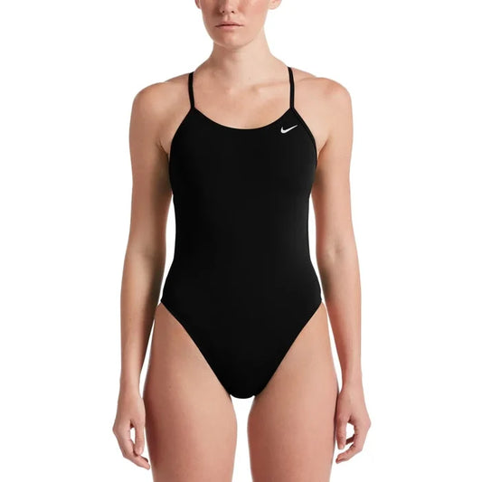 Nike women's Hydrastrong black cut-out one-piece swimsuit with solid design, featuring sleek and sporty swimwear style.