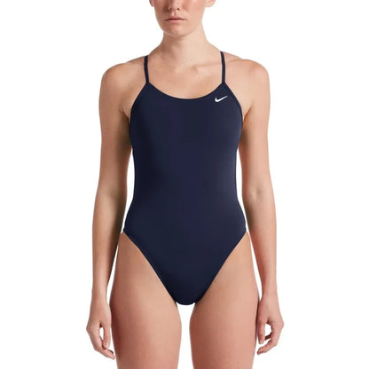 Nike women's Hydrastrong solid cut-out one-piece swimsuit in blue, with sleek design and supportive fit for swimming and poolside.