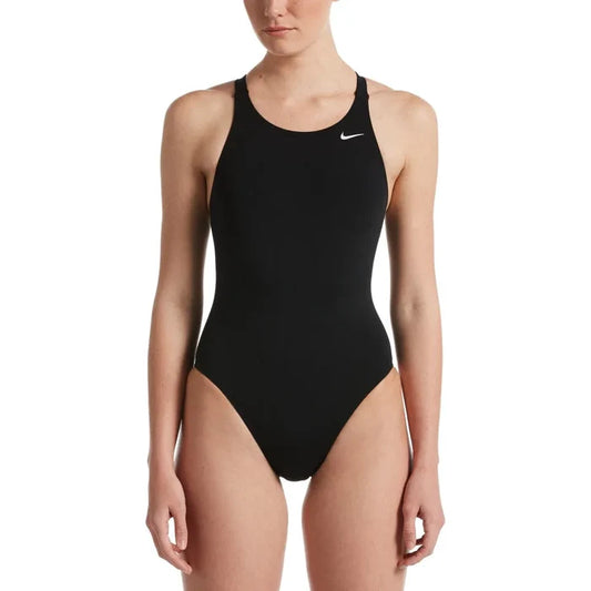 Nike women's Hydrastrong solid black one-piece swimsuit with a fast back design, made for swimming and active water sports.