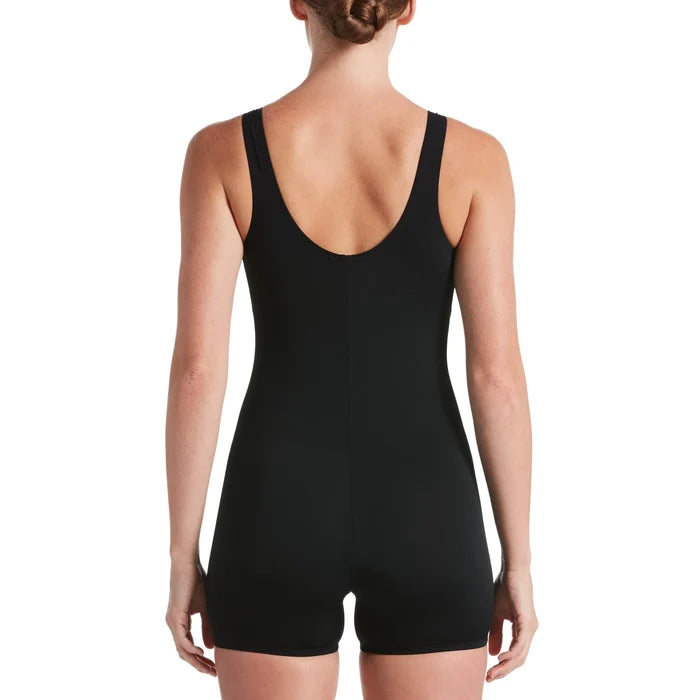 Nike Women's Hydrastrong solid black legsuit, form-fitting athletic one-piece with long sleeves and high neckline, front view.