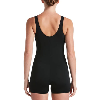 Nike Women's Hydrastrong solid black legsuit, form-fitting athletic one-piece with long sleeves and high neckline, front view.