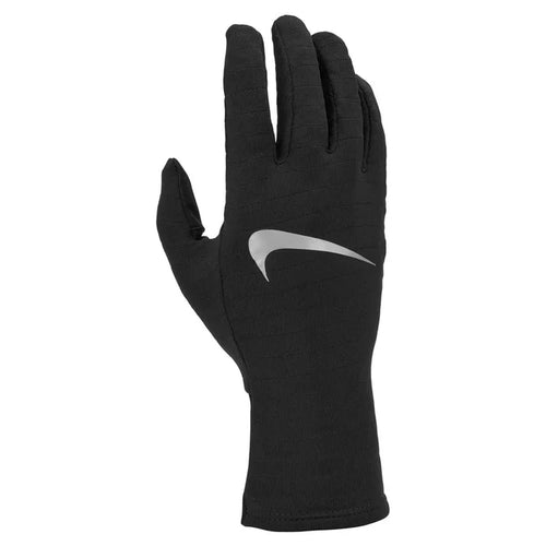 Nike Women's Sphere 4.0 Running Gloves in black, close-up of sleek, fitted design with Nike logo for athletic warmth and comfort.