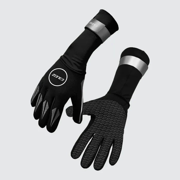 Black Zone3 neoprene swim gloves with textured palms for improved grip during swimming and water activities.