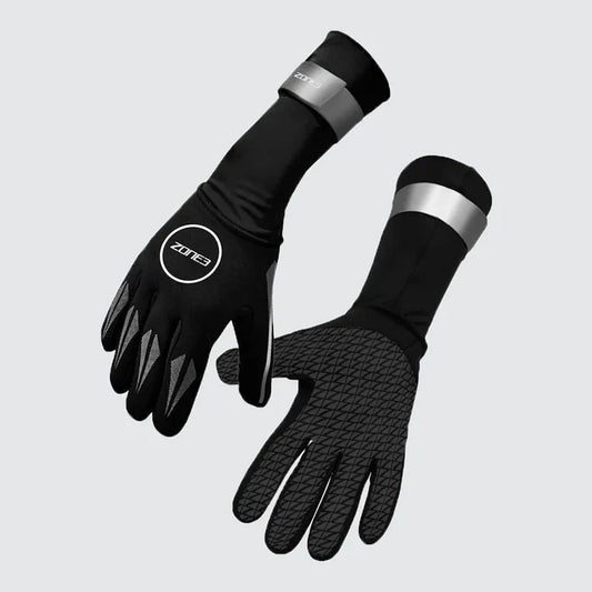 Black Zone3 neoprene swim gloves with textured palms for improved grip during swimming and water activities.
